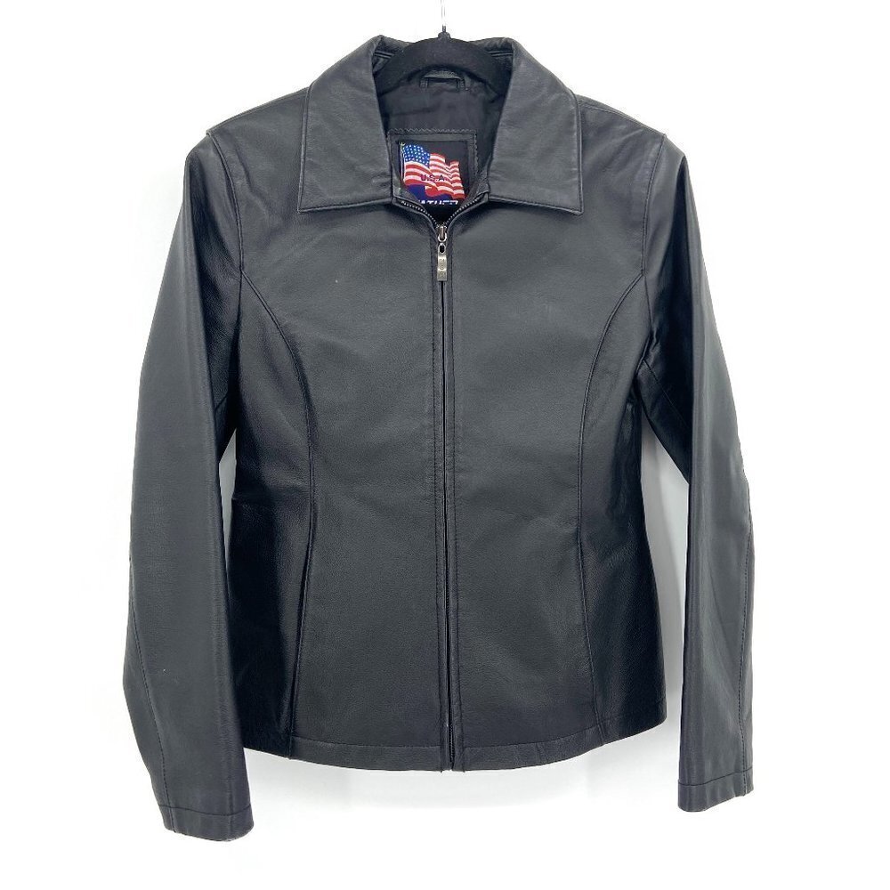 LEATHER USA Women's Black Semi-Stiff Full Zip Leather Jacket Size Medium